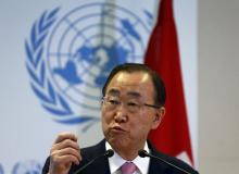 U.N. Secretary-General Ban Ki-moon gestures during a news conference at the Conference on the Prevention of Violent Extremism at the United Nations in Geneva, Switzerland, April 8, 2016. PHOTO BY REUTERS/Denis Balibouse