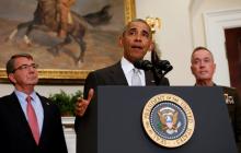 U.S. President Barack Obama, surrounded by U.S. Secretary of Defense Ash Carter (L) and the Chairman of the Joint Chiefs of Staff USMC General Joseph Dunford, Jr., (R) delivers a statement from the Roosevelt Room on Afghanistan at the White House in Washington U.S., July 6, 2016. PHOTO BY REUTERS/Gary Cameron