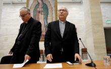 Chilean bishops Luis Fernando Ramos Perez and Juan Ignacio Gonzalez Errazuriz arrive for a news conference after a meeting with Pope Francis at the Vatican, May 18, 2018. PHOTO BY REUTERS/Max Rossi