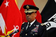 General Vincent K. Brooks, commander of the US Forces Korea (USFK) speaks during the mutual repatriation ceremony of soldiers' remains between South Korean and U.S at the Seoul National Cemetery in Seoul, South Korea, 13 July 2018. PHOTO BY REUTERS/Jeon Heon-kyun