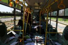 The interior of a damaged bus is seen after an explosion yesterday at insurgent-held al-Rashideen, Aleppo province, Syria April 16, 2017. PHOTO BY REUTERS/Ammar Abdullah