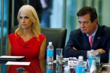 Campaign manager Kellyanne Conway and Paul Manafort of Republican presidential nominee Donald Trump's staff speak during a round table discussion on security at Trump Tower in the Manhattan borough of New York, U.S., August 17, 2016. PHOTO BY REUTERS/Carlo Allegri