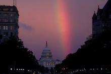 A rainbow forms over the U.S. Capitol as evening sets on midterm Election Day in Washington, U.S., November 6, 2018. PHOTO BY REUTERS/Jonathan Ernst