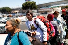 Members of a caravan of migrants from Central America enter the United States border and customs facility, where they are expected to apply for asylum, in Tijuana, Mexico, May 3, 2018. PHOTO BY REUTERS/Edgard Garrido