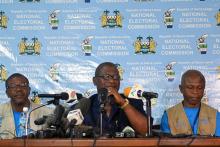 Chairman of Sierra Leone's National Electoral Commission, Mohamed Nfa Ali Conteh, announces the results of the first round of Sierra Leone presidential election in Freetown, Sierra Leone, March 13, 2018. PHOTO BY REUTERS/Olivia Acland