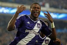 Chancel Mbemba of Anderlecht celebrates his second goal against Galatasaray during their Champions League soccer match at Constant Vanden Stock stadium in Brussels, November 26, 2014. PHOTO BY REUTERS/Yves Herman