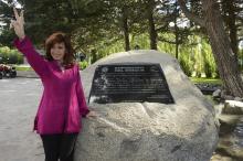 Argentina's President Cristina Fernandez de Kirchner gestures after inaugurating an amphitheatre in the Patagonian Argentine city of El Calafate, February 14, 2015. PHOTO BY REUTERS/Argentine Presidency