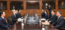 South and North Korean delegation attend their meeting at Tongilgak, the North's building in the truce village of Panmunjom, North Korea, January 15, 2018. PHOTO BY REUTERS/The Unification Ministry/Yonhap 