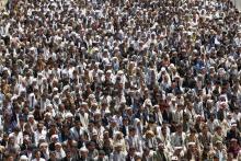 Followers of the Shi'ite Houthi group attend a rally to denounce fuel price hikes and to demand for the resignation of the government in Sanaa
