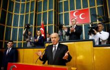 Nationalist Movement Party (MHP) leader Devlet Bahceli addresses his party MPs during a meeting at the Turkish parliament in Ankara, Turkey, June 14, 2016. PHOTO BY REUTERS/Umit Bektas