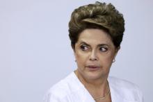 Brazil's President Dilma Rousseff looks on during signing of federal land transfer agreement for the government of the state of Amapa at Planalto Palace in Brasilia, Brazil, April 15, 2016. PHOTO BY REUTERS/Ueslei Marcelino