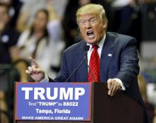 U.S. Republican presidential candidate Donald Trump speaks during a campaign stop in Tampa, Florida, February 12, 2016. PHOTO BY REUTERS/Mike Carlson