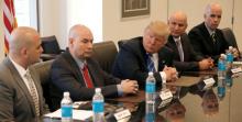 Republican presidential nominee Donald Trump meets with leadership members of the National Border Patrol Council while receiving the group's endorsement during a meeting at Trump Tower in Manhattan, New York, U.S., October 7, 2016. PHOTO BY REUTERS/Mike Segar
