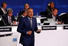Moulay Hafid Elalamy, Chairman of the 2026 Morocco Bid Committee for the 2026 FIFA World Cup, delivers a speech during the 68th FIFA Congress in Moscow, Russia, June 13, 2018. PHOTO BY REUTERS/Sergei Karpukhin