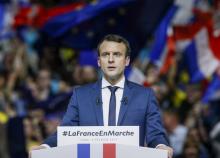 Emmanuel Macron, head of the political movement En Marche !, or Onwards !, and candidate for the 2017 presidential election, attends a campaign rally in Lyon, France, February 4, 2017. PHOTO BY REUTERS/Robert Pratta
