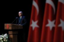 Turkish President Tayyip Erdogan makes a speech during a meeting in Ankara, Turkey, April 9, 2018. PHOTO BY REUTERS/Murat Cetinmuhurdar/Presidential Palace