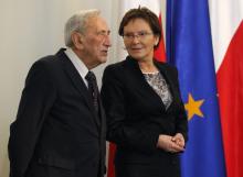 Ewa Kopacz (R), the newly elected speaker of the parliament, chats with former Prime Minister Tadeusz Mazowiecki
