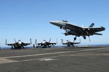 F/A-18 fighter jet takes off at the USS Harry S. Truman aircraft carrier in the eastern Mediterranean Sea. PHOTO BY REUTERS/Andrea Shalal