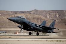 A U.S. F-15 fighter jet takes off during an exercise dubbed " Juniper Falcon", held between crews from the U.S. and Israeli air forces, at Ovda Military Airbase, in southern Israel, May 16, 2017. PHOTO BY  REUTERS/Amir Cohen