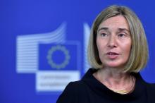 European Union foreign policy chief Federica Mogherini gives a news conference with Myanmar State Counsellor Aung San Suu Kyi (not pictured) in Brussels, Belgium, May 2, 2017. PHOTO BY REUTERS/Eric Vidal