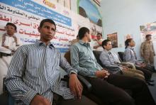 Young Houthi fighters listen to Marib's Governor Sultan al-Arada's speech as they were released after their detention as prisoners of war, in Marib, Yemen, June 7, 2016. PHOTO BY REUTERS/Ali Owidha