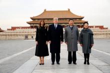 U.S. President Donald Trump and U.S. first lady Melania visit the Forbidden City with China's President Xi Jinping and China's First Lady Peng Liyuan in Beijing, China, November 8, 2017. PHOTO BY REUTERS/Jonathan Ernst