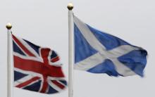 The Union flag and Saltire are seen flying side by side at Bankfoot in Perthshire, Scotland