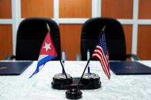 A view of the U.S. and Cuban flags prior to the signing of agreements between the Port of Cleveland and the Cuban Maritime authorities in Havana, Cuba, October 6, 2017. PHOTO BY REUTERS/Alexandre Meneghini