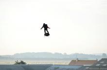 French inventor Franky Zapata takes off on a Flyboard for a second attempt to cross the English channel from Sangatte to Dover, in Sangatte, France, August 4, 2019. PHOTO BY REUTERS/Johanna Geron