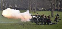 Guns are fired during the King's Troop Royal Horse Artillery Royal 41-gun salute to mark the start of Queen Elizabeth's Blue Sapphire Jubilee year at Green Park in central London, Britain, February 6, 2017. PHOTO BY REUTERS/Hannah McKay