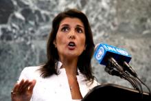 U.S. Ambassador to the United Nations Nikki Haley speaks at a press briefing at U.N. headquarters in New York City, New York, U.S., July 20, 2018. PHOTO BY REUTERS/Brendan McDermid