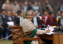 Bangladesh's Prime Minister Sheikh Hasina speaks during a media conference in Dhaka