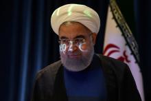 A video projection is seen on the face of Iran's President Hassan Rouhani as he arrives for a news conference during the United Nations General Assembly in New York City, U.S., September 20, 2017. PHOTO BY REUTERS/Stephanie Keith