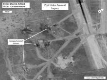 Battle damage assessment image of Shayrat Airfield, Syria, is seen in this DigitalGlobe satellite image, released by the Pentagon following U.S. Tomahawk Land Attack Missile strikes from Arleigh Burke-class guided-missile destroyers, the USS Ross and USS Porter, April 7, 2017. PHOTO BY REUTERS/DigitalGlobe