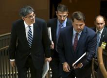 U.S. Secretary of the Treasury Secretary Jack Lew (L) departs closed door briefings with U.S Senators and Secretary of State John Kerry (not pictured) on nuclear negotiations with Iran on Capitol Hill in Washington, April 14, 2015. PHOTO BY REUTERS/Gary Cameron