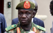 South Sudanese newly appointed army chief General James Ajongo speaks to the media after his swearing in at the Presidential Palace in South Sudan's capital of Juba, May 10, 2017. PHOTO BY REUTERS/Stringer