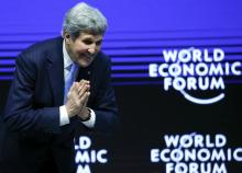 U.S. Secretary of State John Kerry acknowledges the public after making a special address at the World Economic Forum in the Swiss mountain resort of Davos, January 23, 2015. PHOTO BY REUTERS/Ruben Sprich