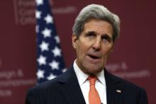 U.S. Secretary of State John Kerry speaks during a press conference at the Foreign and Commonwealth Office in London, January 22, 2015. PHOTO BY REUTERS/Stefan Wermuth