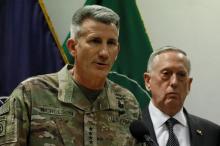 U.S. Army General John Nicholson (L), commander of U.S. Forces Afghanistan, and U.S. Defense Secretary James Mattis (R) hold a news conference at Resolute Support headquarters in Kabul, Afghanistan, April 24, 2017. PHOTO BY REUTERS/Jonathan Ernst