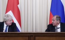 Russian Foreign Minister Sergei Lavrov (R) and British Foreign Secretary Boris Johnson attend a news conference following their talks in Moscow, Russia, December 22, 2017. PHOTO BY REUTERS/Maxim Shemetov