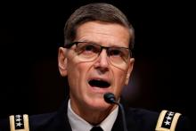 U.S. Army General Joseph Votel, commander of the U.S. Central Command, testifies before the Senate Armed Services Committee on Capitol Hill in Washington, U.S., March 13, 2018. PHOTO BY REUTERS/Aaron P. Bernstein