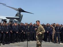 General Joseph Votel, the head of the U.S. military’s Central Command, speaks aboard the USS New Orleans, an amphibious dock ship, as it travels through the Strait of Hormuz, July 11, 2016. PHOTO BY REUTERS/Phil Stewart