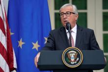 President of the European Commission Jean-Claude Juncker speaks about trade relations with U.S. President Donald Trump in the Rose Garden of the White House in Washington, U.S., July 25, 2018. PHOTO BY REUTERS/Joshua Rober