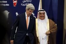 Bahrain's Foreign Minister Sheikh Khalid bin Ahmed al-Khalifa (R) and U.S. Secretary of State John Kerry (L) leave after speaking to reporters ahead of the Gulf Cooperation Council (GCC) Ministerial meeting in Manama, Bahrain, April 7, 2016. PHOTO BY REUTERS/Hamad I Mohammed