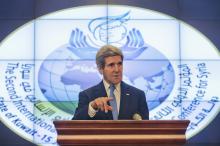U.S. Secretary of State John Kerry speaks during his news conference at Syrian Donors Conference at the Bayan Palace in Kuwait City