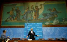 Yemen foreign minister Khaled al-Yamani attends a news conference on Yemen talks at the United Nations in Geneva, Switzerland, September 8, 2018. PHOTO BY REUTERS/Denis Balibouse