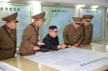 North Korean leader Kim Jong Un inspected the Command of the Strategic Force of the Korean People's Army (KPA) in an unknown location in North Korea in this undated photo released by North Korea's Korean Central News Agency (KCNA) on August 15, 2017. PHOTO BY REUTERS/KCNA