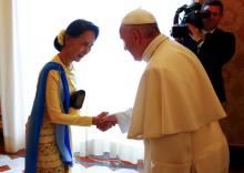 Pope Francis welcomes Myanmar State Counsellor Aung San Suu Kyi during a private audience at the Vatican, May 4, 2017. PHOTO BY REUTERS/Tony Gentile