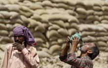A labourer drinks water as another looks on, on a hot summer day at a grain market in Chandigarh, India April 19, 2016. PHOTO BY REUTERS/Ajay Verma