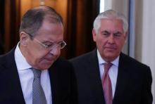 Russian Foreign Minister Sergei Lavrov and U.S. Secretary of State Rex Tillerson enter a hall during their meeting in Moscow, Russia, April 12, 2017. PHOTO BY REUTERS/Maxim Shemetov
